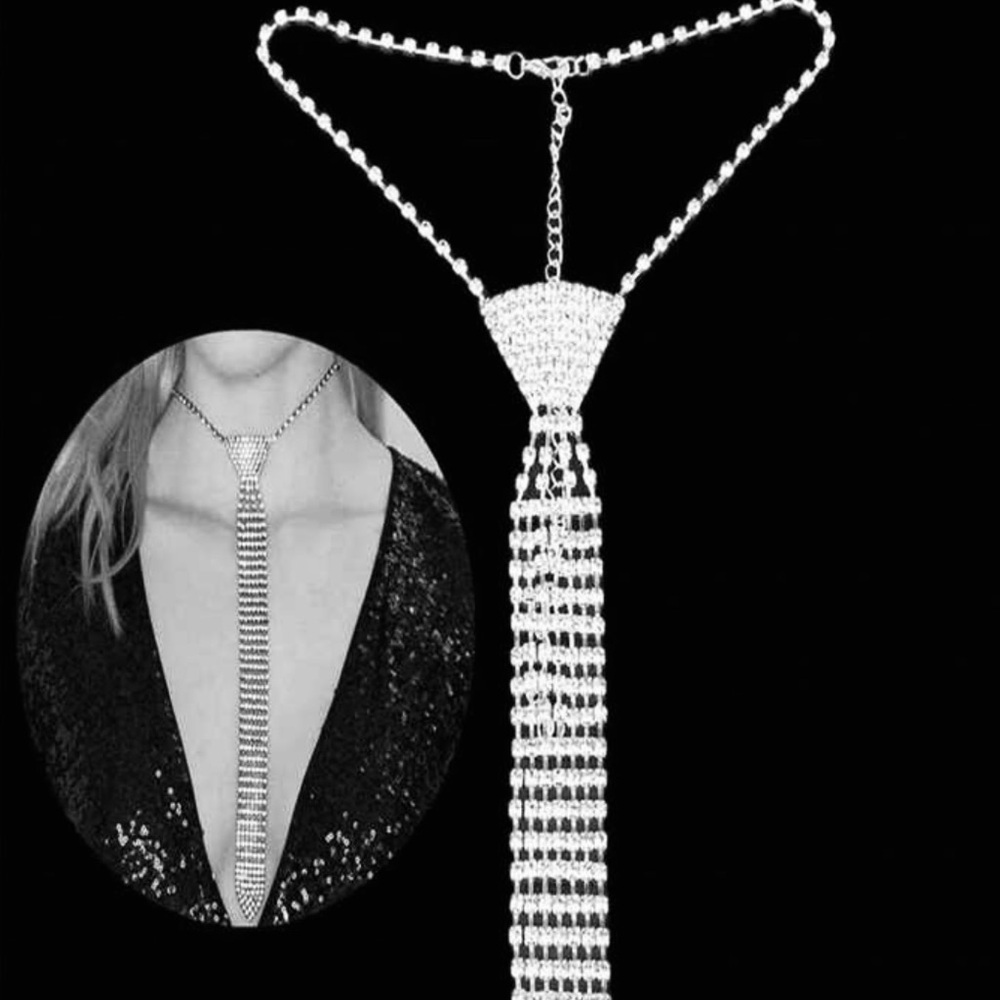 Cubic Zirconia Golden Necktie Necklace - Picture 5 of 6